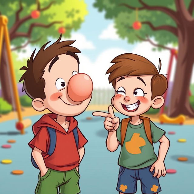 A humorous cartoon scene featuring two boys in a playful setting