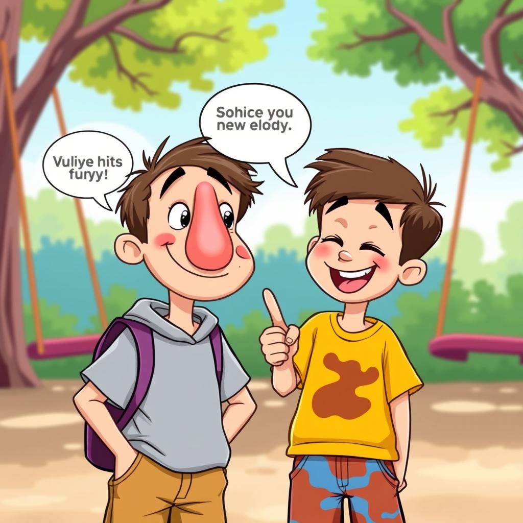 A humorous cartoon scene featuring two boys in a playful setting