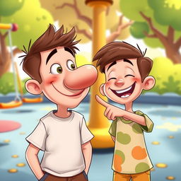 A humorous cartoon scene featuring two boys in a playful setting