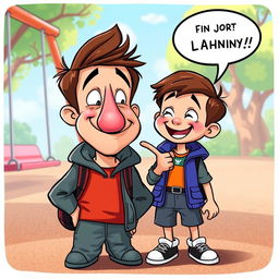 A humorous cartoon scene featuring two boys in a playful setting