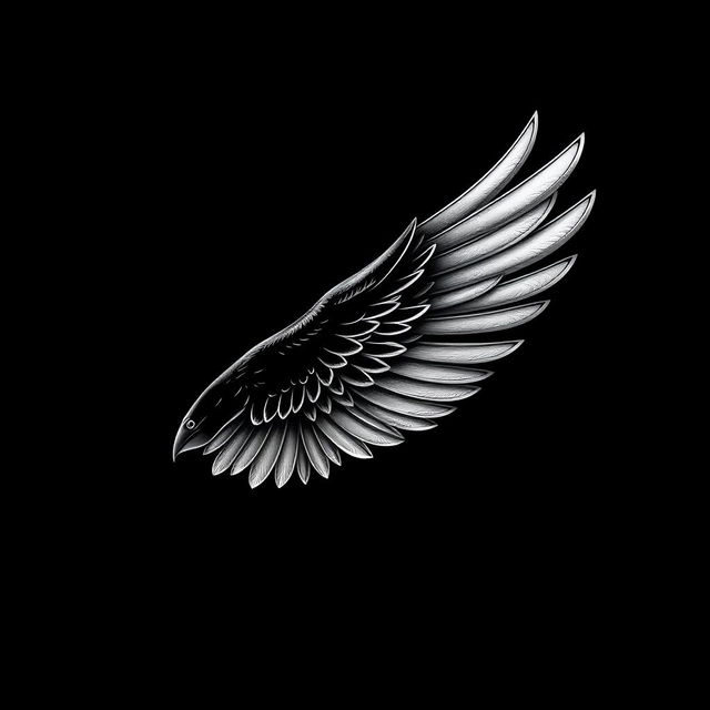 A visually striking design featuring a black theme with a detailed illustration of a bird's wing