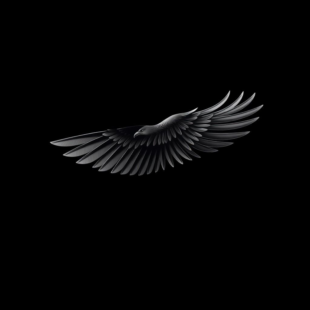 A visually striking design featuring a black theme with a detailed illustration of a bird's wing