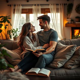 A romantic scene featuring a young couple cuddling on a cozy couch in a warmly lit living room filled with plants, soft cushions, and a fireplace