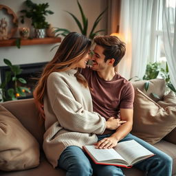 A romantic scene featuring a young couple cuddling on a cozy couch in a warmly lit living room filled with plants, soft cushions, and a fireplace