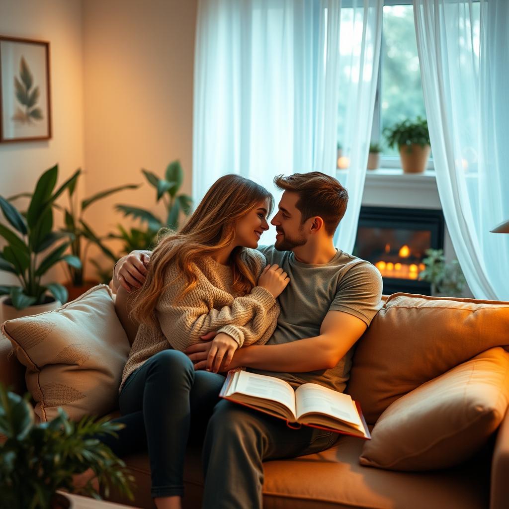 A romantic scene featuring a young couple cuddling on a cozy couch in a warmly lit living room filled with plants, soft cushions, and a fireplace