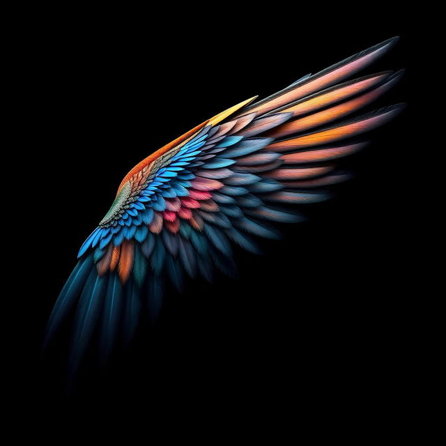 A stunning artwork featuring an intricate bird wing design on a black background