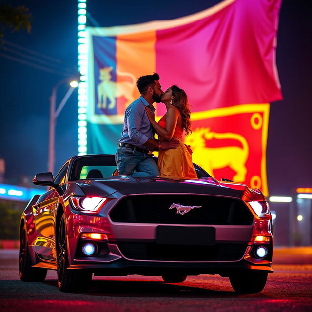 A romantic couple, a man and a woman, passionately kissing on top of a sleek Mustang car