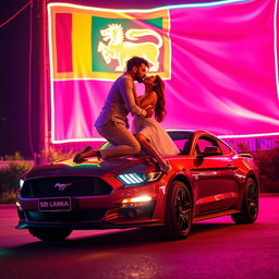 A romantic couple, a man and a woman, passionately kissing on top of a sleek Mustang car