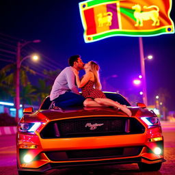 A romantic couple, a man and a woman, passionately kissing on top of a sleek Mustang car