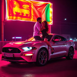 A romantic couple, a man and a woman, passionately kissing on top of a sleek Mustang car