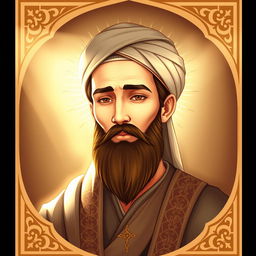 A beautiful, detailed illustration of a historical figure inspired by depictions of Prophet Muhammad based on Islamic antiquity, showcasing radiant features such as a noble face with a calm and serene expression