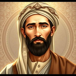A beautiful, detailed illustration of a historical figure inspired by depictions of Prophet Muhammad based on Islamic antiquity, showcasing radiant features such as a noble face with a calm and serene expression
