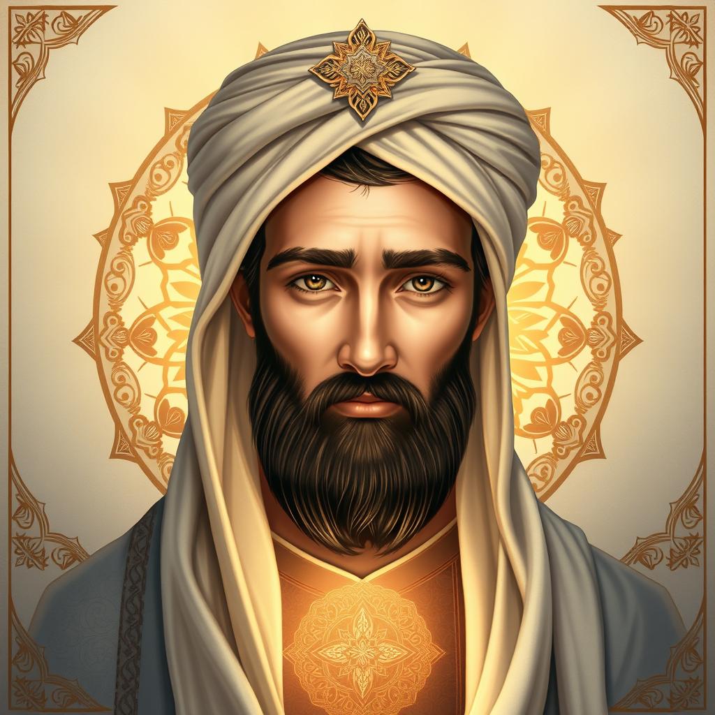 A beautiful, detailed illustration of a historical figure inspired by depictions of Prophet Muhammad based on Islamic antiquity, showcasing radiant features such as a noble face with a calm and serene expression