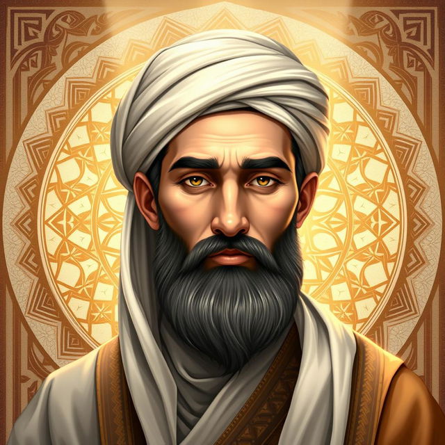 A beautiful, detailed illustration of a historical figure inspired by depictions of Prophet Muhammad based on Islamic antiquity, showcasing radiant features such as a noble face with a calm and serene expression