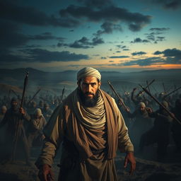 A dramatic and emotional scene depicting the martyrdom of Imam Hussain in the battlefield of Karbala, in the pit of 'Ghodal Qatlgah'