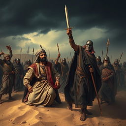A dramatic and historical scene depicting the moment of Imam Hussein's martyrdom by Shimer at the battlefield of Karbala