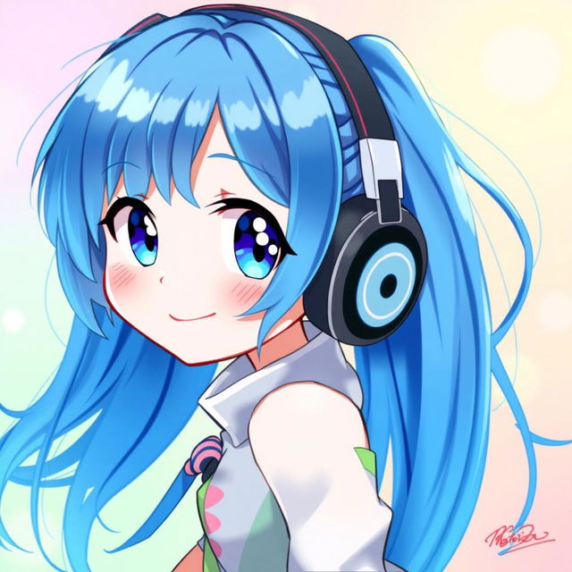 A captivating digital illustration of a blue-haired anime girl, featuring large expressive eyes and a playful smile