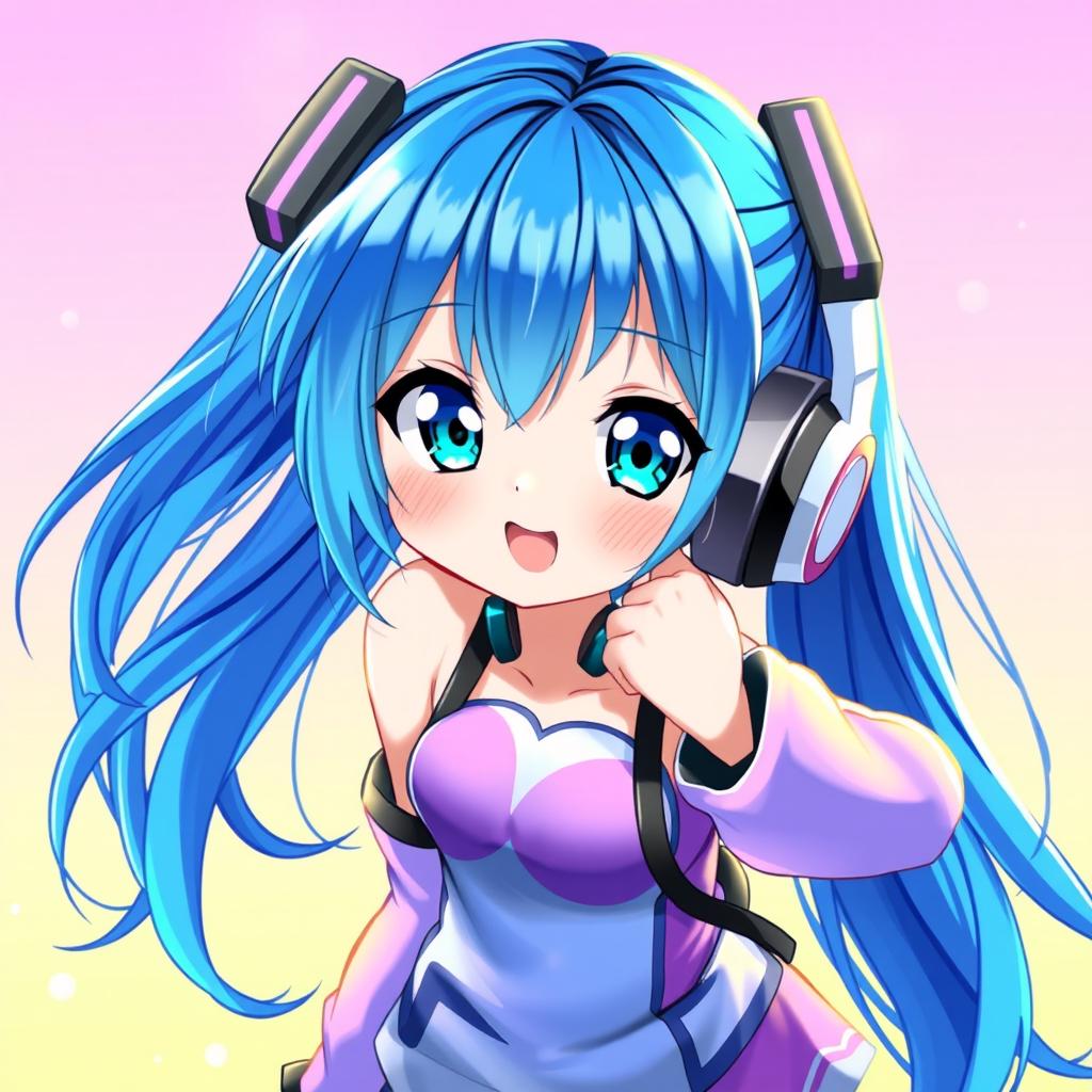 A captivating digital illustration of a blue-haired anime girl, featuring large expressive eyes and a playful smile