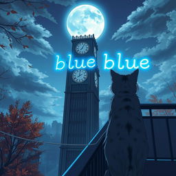 An anime-themed autumn scene viewed from a high angle, featuring a large clock tower situated in a classic and soulless environment