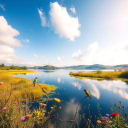 An ethereal landscape featuring a tranquil lake surrounded by lush greenery and wildflowers under a clear blue sky, with soft white clouds gently floating above