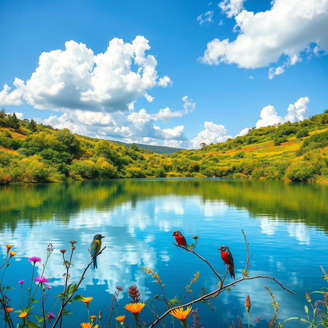 An ethereal landscape featuring a tranquil lake surrounded by lush greenery and wildflowers under a clear blue sky, with soft white clouds gently floating above