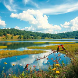 An ethereal landscape featuring a tranquil lake surrounded by lush greenery and wildflowers under a clear blue sky, with soft white clouds gently floating above