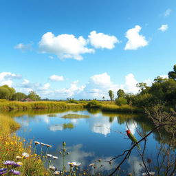 An ethereal landscape featuring a tranquil lake surrounded by lush greenery and wildflowers under a clear blue sky, with soft white clouds gently floating above