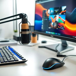 A modern computer setup featuring a sleek black and silver keyboard and mouse, a stylish condenser microphone on an adjustable arm, and a large vibrant touchscreen display