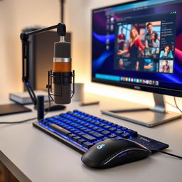 A modern computer setup featuring a sleek black and silver keyboard and mouse, a stylish condenser microphone on an adjustable arm, and a large vibrant touchscreen display
