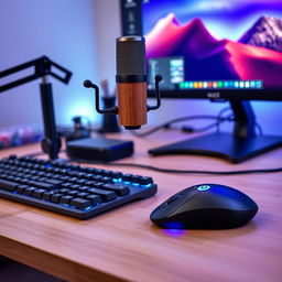 A modern computer setup featuring a sleek black and silver keyboard and mouse, a stylish condenser microphone on an adjustable arm, and a large vibrant touchscreen display