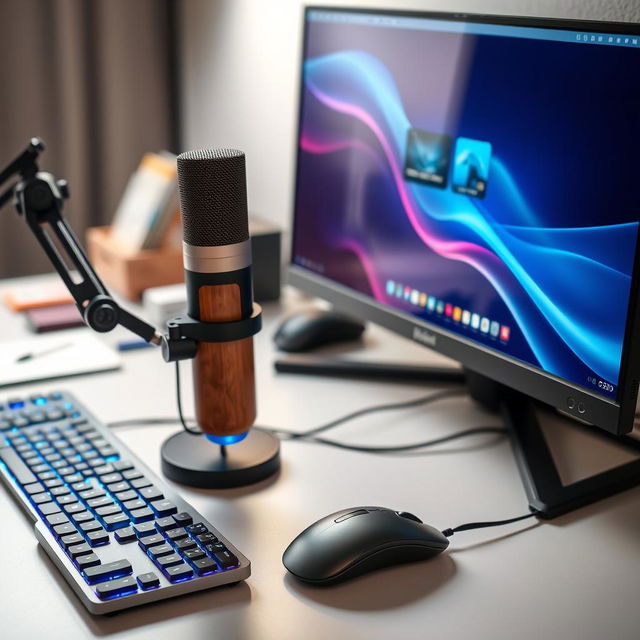 A modern computer setup featuring a sleek black and silver keyboard and mouse, a stylish condenser microphone on an adjustable arm, and a large vibrant touchscreen display