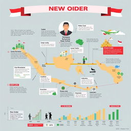 A visually engaging infographic depicting the New Order era of Indonesia, showcasing its historical timeline, key policies, and socio-economic impacts