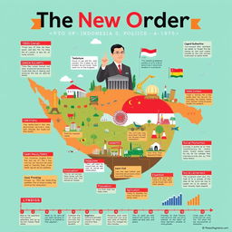 A visually engaging infographic depicting the New Order era of Indonesia, showcasing its historical timeline, key policies, and socio-economic impacts
