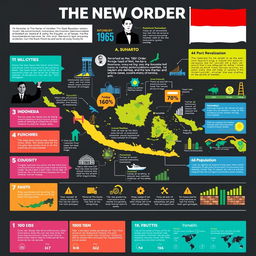 A visually engaging infographic depicting the New Order era of Indonesia, showcasing its historical timeline, key policies, and socio-economic impacts