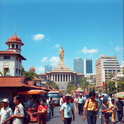 A visual representation of Indonesia during the New Order regime, depicting a bustling urban scene in Jakarta in the 1980s