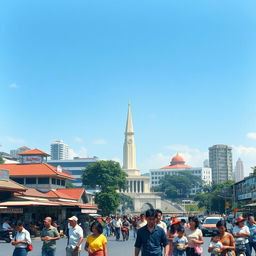 A visual representation of Indonesia during the New Order regime, depicting a bustling urban scene in Jakarta in the 1980s