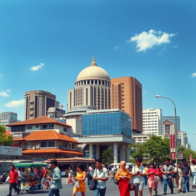 A visual representation of Indonesia during the New Order regime, depicting a bustling urban scene in Jakarta in the 1980s