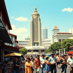 A visual representation of Indonesia during the New Order regime, depicting a bustling urban scene in Jakarta in the 1980s