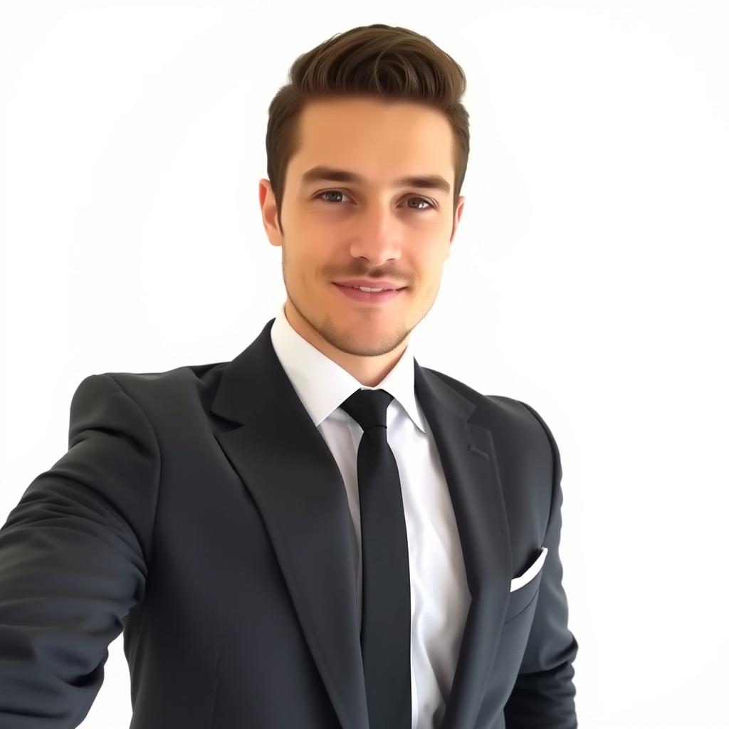 A person taking a photo wearing a sharp, tailored suit, paired with a crisp white shirt and a classic black tie