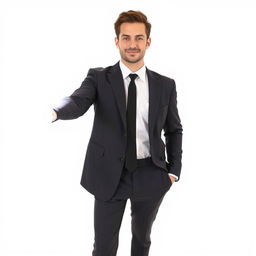 A person taking a photo wearing a sharp, tailored suit, paired with a crisp white shirt and a classic black tie