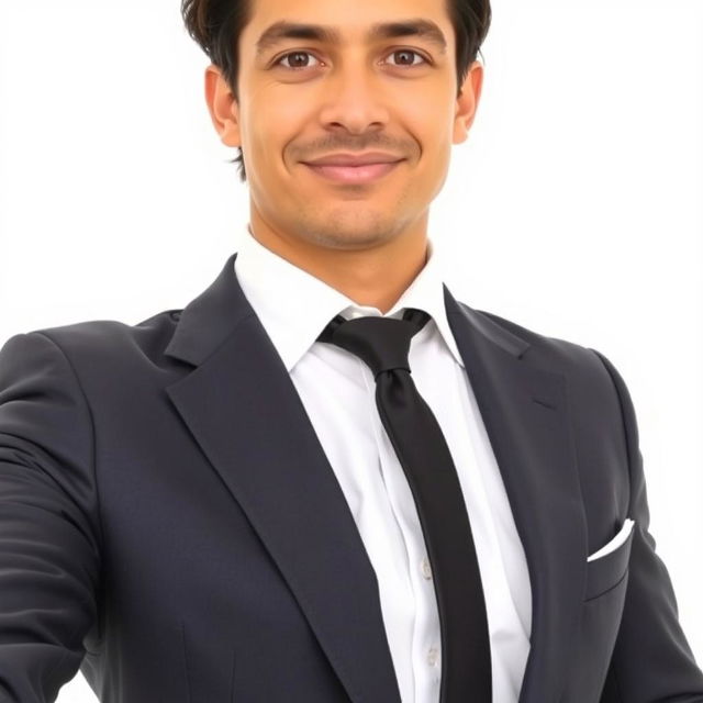 A person taking a photo wearing a sharp, tailored suit, paired with a crisp white shirt and a classic black tie