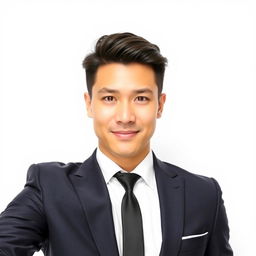 A person taking a photo wearing a formal suit, complemented by a pristine white shirt and a sleek black tie