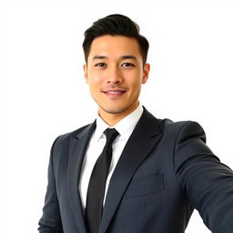 A person taking a photo wearing a formal suit, complemented by a pristine white shirt and a sleek black tie