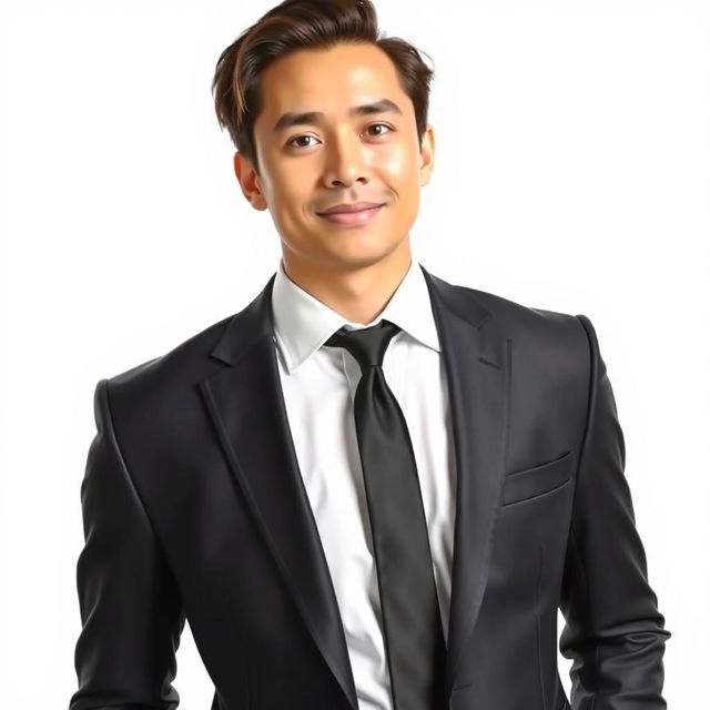 A person taking a photo wearing a formal suit, complemented by a pristine white shirt and a sleek black tie