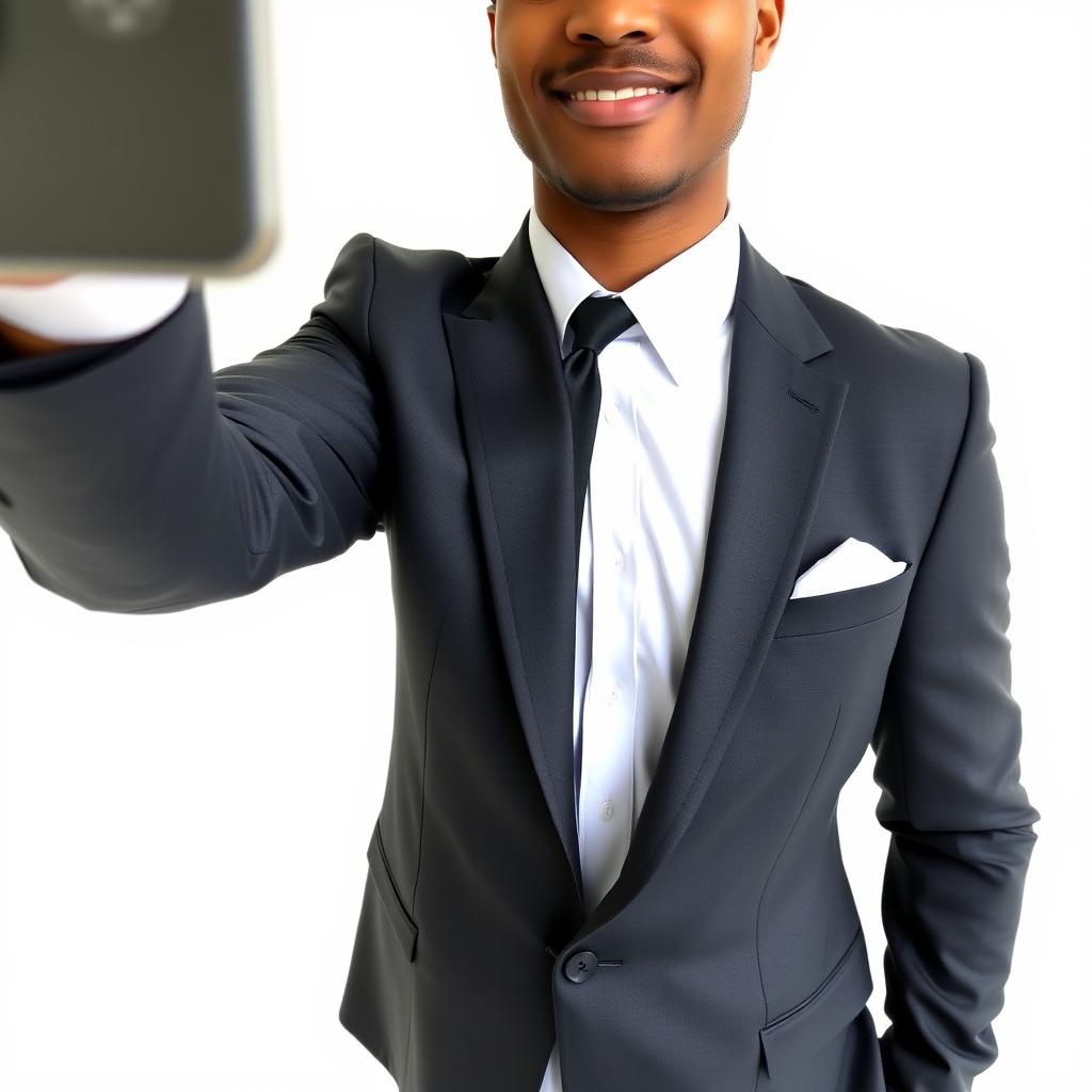 A person taking a photo wearing a formal suit, complemented by a pristine white shirt and a sleek black tie