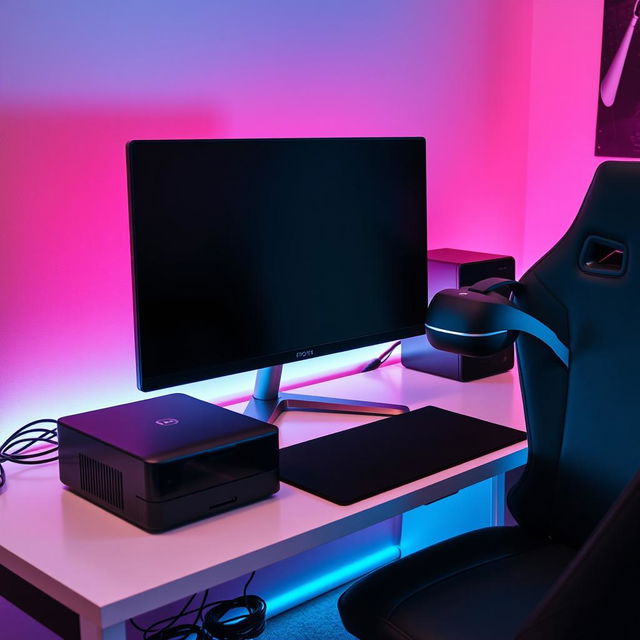 A modern computer setup featuring a sleek monitor on a stylish desk, with a compact printer beside it, high-quality speakers positioned for optimal sound, and a futuristic VR headset resting on the desk