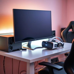 A modern computer setup featuring a sleek monitor on a stylish desk, with a compact printer beside it, high-quality speakers positioned for optimal sound, and a futuristic VR headset resting on the desk