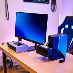 A modern computer setup featuring a sleek monitor on a stylish desk, with a compact printer beside it, high-quality speakers positioned for optimal sound, and a futuristic VR headset resting on the desk