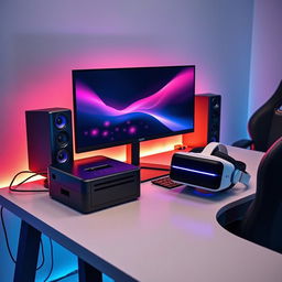 A modern computer setup featuring a sleek monitor on a stylish desk, with a compact printer beside it, high-quality speakers positioned for optimal sound, and a futuristic VR headset resting on the desk