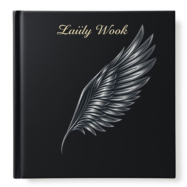 A visually captivating front book cover with a deep black theme, showcasing an intricate, stylized wing that gracefully fills the center of the cover